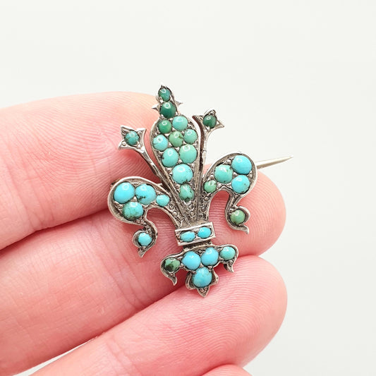 Antique Victorian Solid Silver Turquoise Brooch Fleur de Lis Lys French Lily Flower Natural Gemstone Womens Jewelry Jewellery Vintage