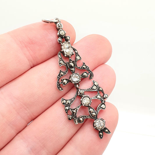 Antique Georgian Paste Solid Silver Pendant Marcasite Foiled Diamond Tone Necklace Estate Victorian Vintage 1800s Womens Jewelry Jewellery