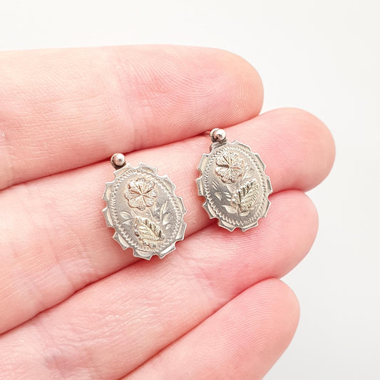 Antique Victorian Sterling Silver Earrings Gold Highlights Flower Etruscan Genuine 1800s Hook Womens Vintage Ladies Jewelry Jewellery