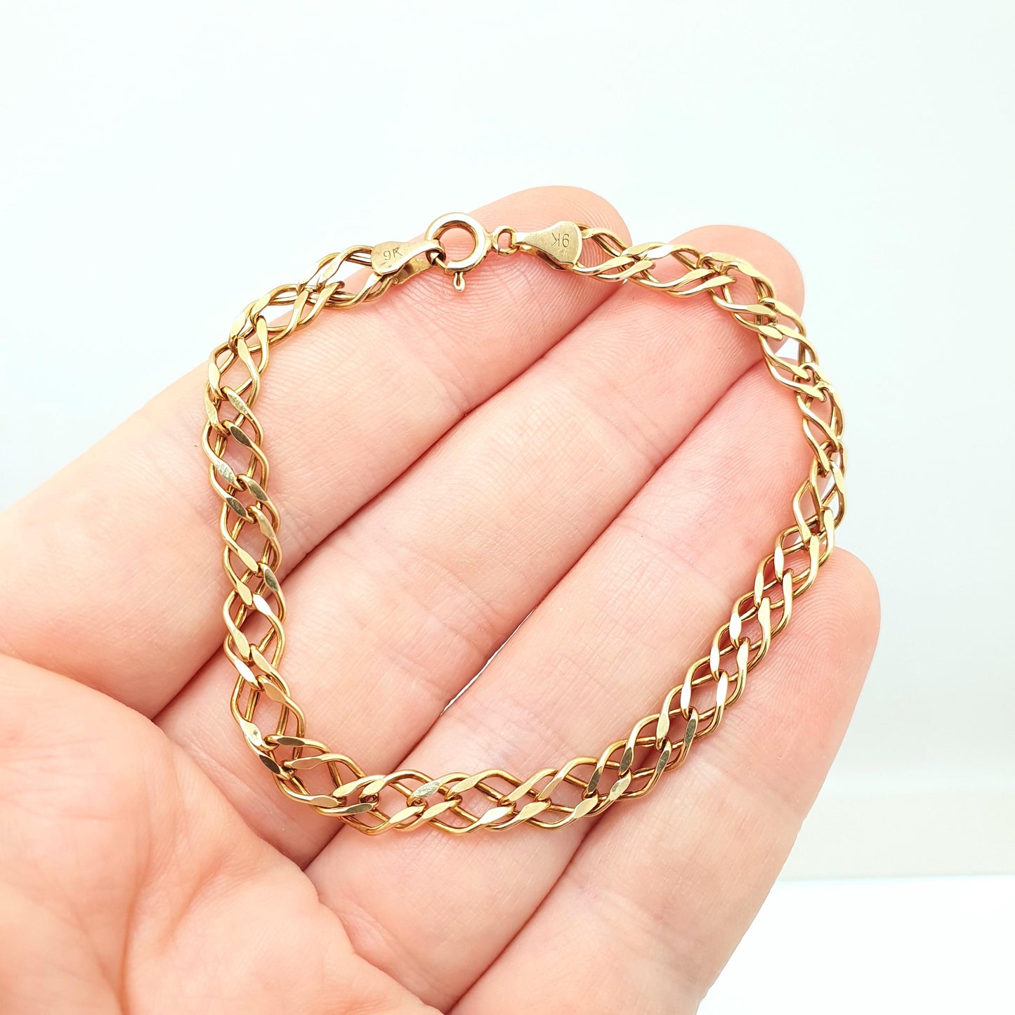 Vintage Solid 9ct 375 Gold Chain Bracelet Double Curb Link Charm 18.5cm 7.25" 2.35g 9k 9 Carat Hallmarked Yellow Womens Jewelry Jewellery