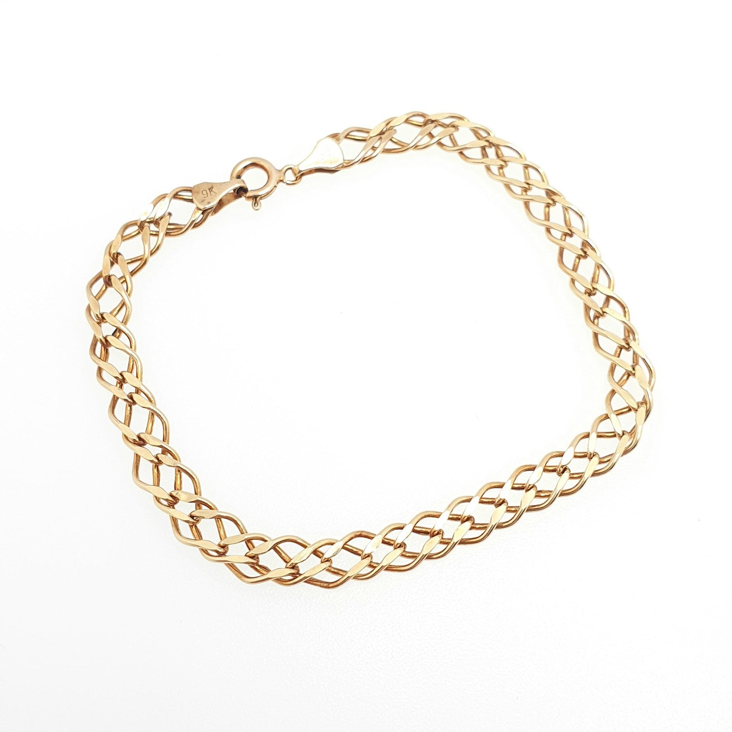 Vintage Solid 9ct 375 Gold Chain Bracelet Double Curb Link Charm 18.5cm 7.25" 2.35g 9k 9 Carat Hallmarked Yellow Womens Jewelry Jewellery