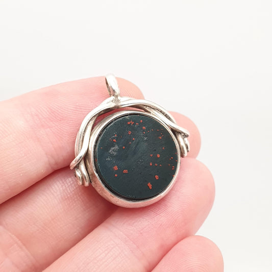 Antique Sterling Silver Spinner Fob Necklace Pendant Moss Agate Bloodstone Hallmark Vintage Victorian Gemstone Solid 925 Jewelry Jewellery