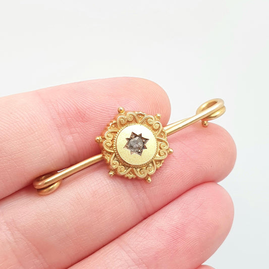 Antique Victorian 9ct 9k Gold Diamond Brooch Star Centre Old Cut Solid 375 Bar Pin Sweetheart 9 Carat Fine Estate Vintage Jewelry Jewellery