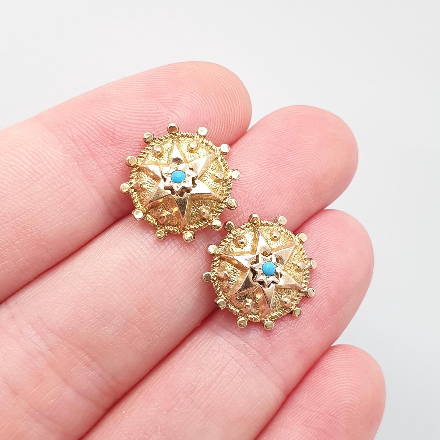 Antique Victorian 9ct Gold Star Earrings Turquoise Etruscan Celestial Hook Dangle Drop Solid 9k 375 1800s Vintage Jewelry Womens Jewellery