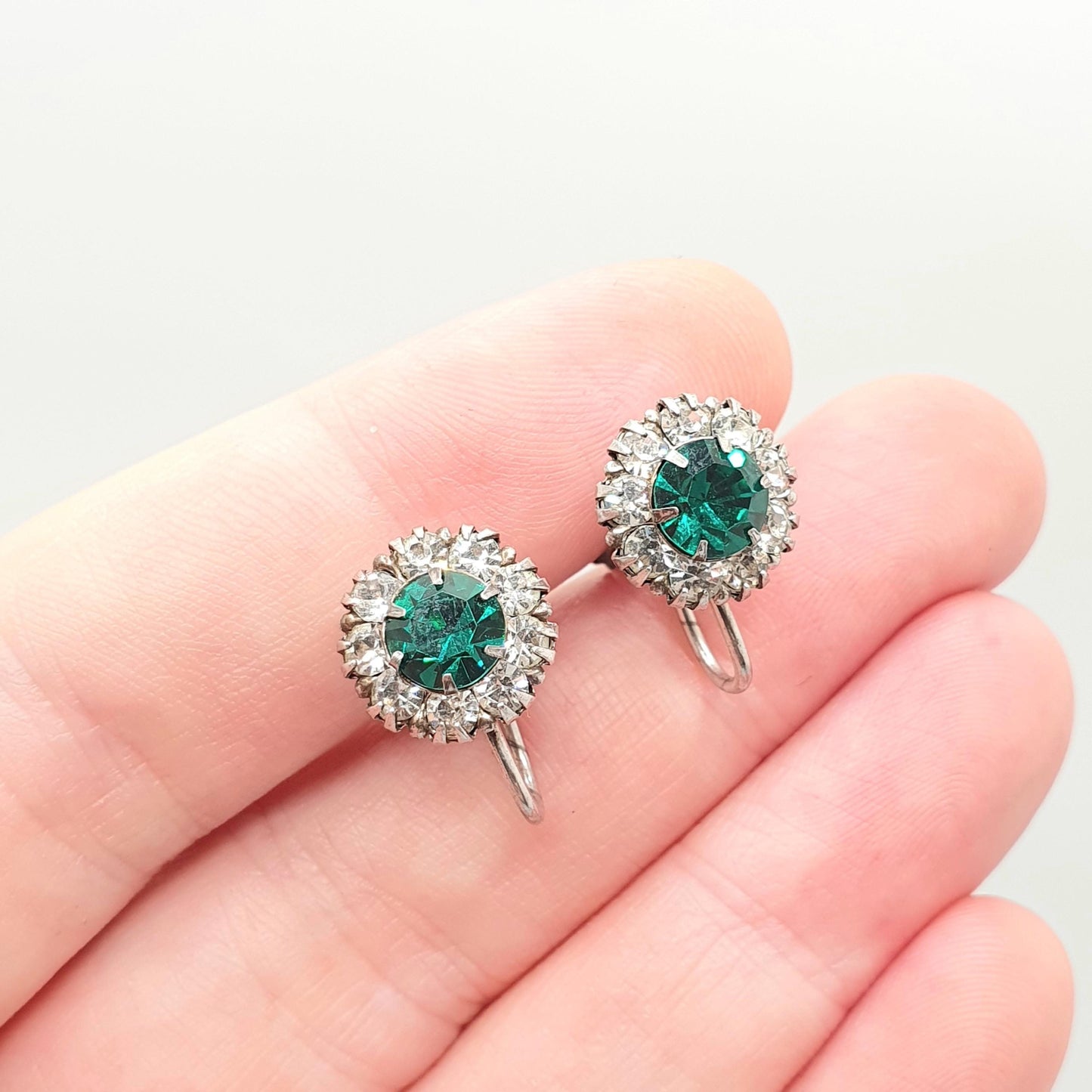 Antique Solid Silver Emerald & Diamond Paste Earrings Cluster Screw Back Sparkly Foiled Glass Edwardian Vintage Womens Jewelry Jewellery