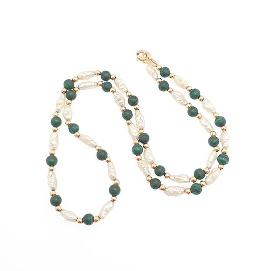 Vintage 9ct Gold Malachite Bead Necklace Freshwater Pearl Solid 9k 375 9kt Banded Green Gemstone 41cm 16.1" 7.60g Womens Jewelry Jewellery