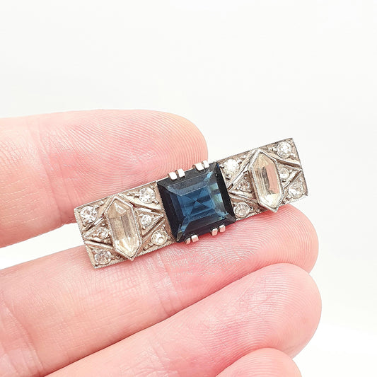 Antique Solid Silver Sapphire Diamond Paste Brooch Art Deco Square Cut Geometric 1920s Flapper Gift Vintage Womens Jewellery Jewelry