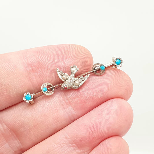 Antique Sterling Silver Bird Brooch Turquoise Seed Pearl Crescent Moon Songbird Swallow Victorian Gift Love Cute Birds Vintage Gift Jewelry