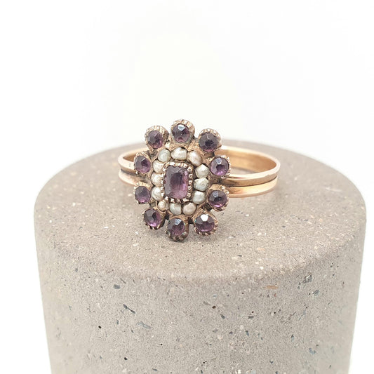 Antique Georgian 9ct Gold Amethyst Paste Ring Seed Pearl Cluster Solid 9kt 9k 375 Victorian Signet Womens Vintage Jewelry Jewellery