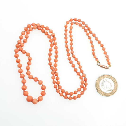 Antique 9ct Gold Victorian Coral Bead Necklace Very Long 9k 9kt Gold Clasp Salmon Orange 77cm 14.65g Genuine Round Vintage Jewelry Jewellery