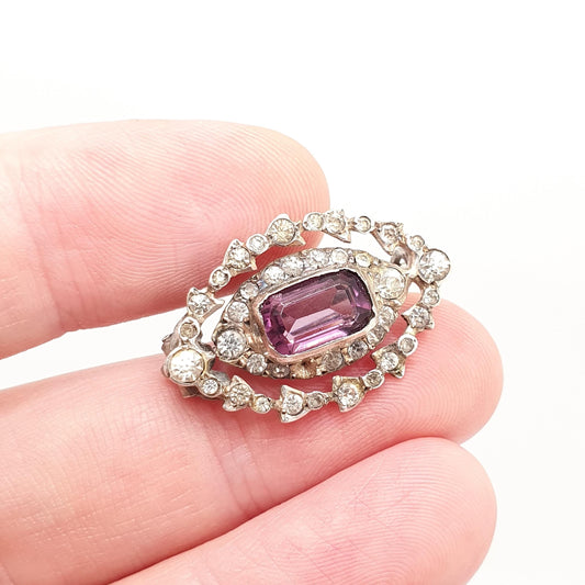 Antique Solid Silver Amethyst Paste Brooch Victorian Diamond Pastes Cluster Ellipse Eye Shape 1800s Genuine Vintage Womens Jewelry Jewellery