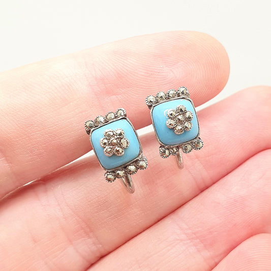 Antique Sterling Silver Turquoise Glass Earrings Marcasite Art Deco Sparkly Forget Me ot Vintage Genuine 1920s Womens Jewelry Jewellery