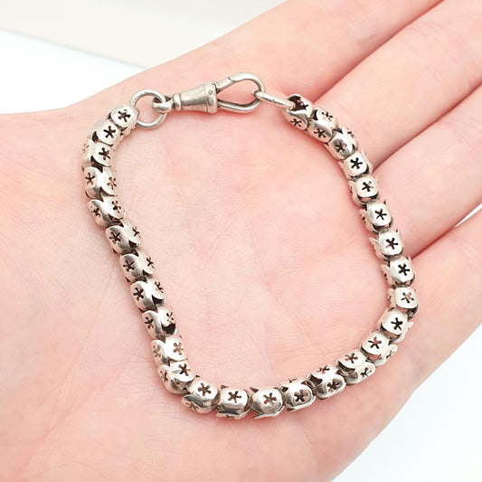 Antique Victorian Solid Silver Popcorn Link Bracelet Dog Clip Albertina Chain Tulip 19.5cm 7.65" 12.37g 1800s Star Vintage Mens Womens