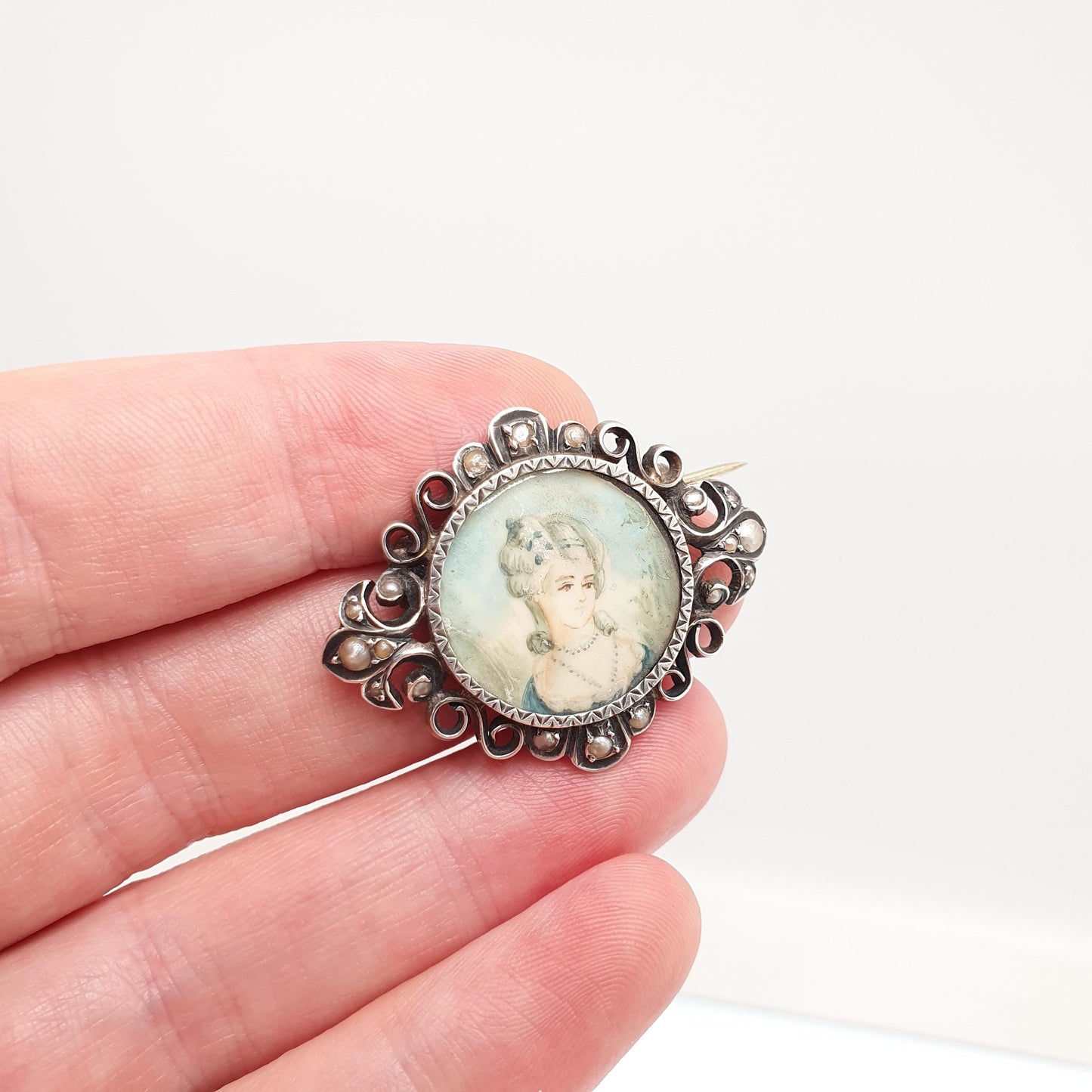 Antique Georgian Solid Silver Miniature Portrait Brooch Seed Pearl Pin Rococo Renaissance Revival Hand Painted Vintage Jewelry Jewellery