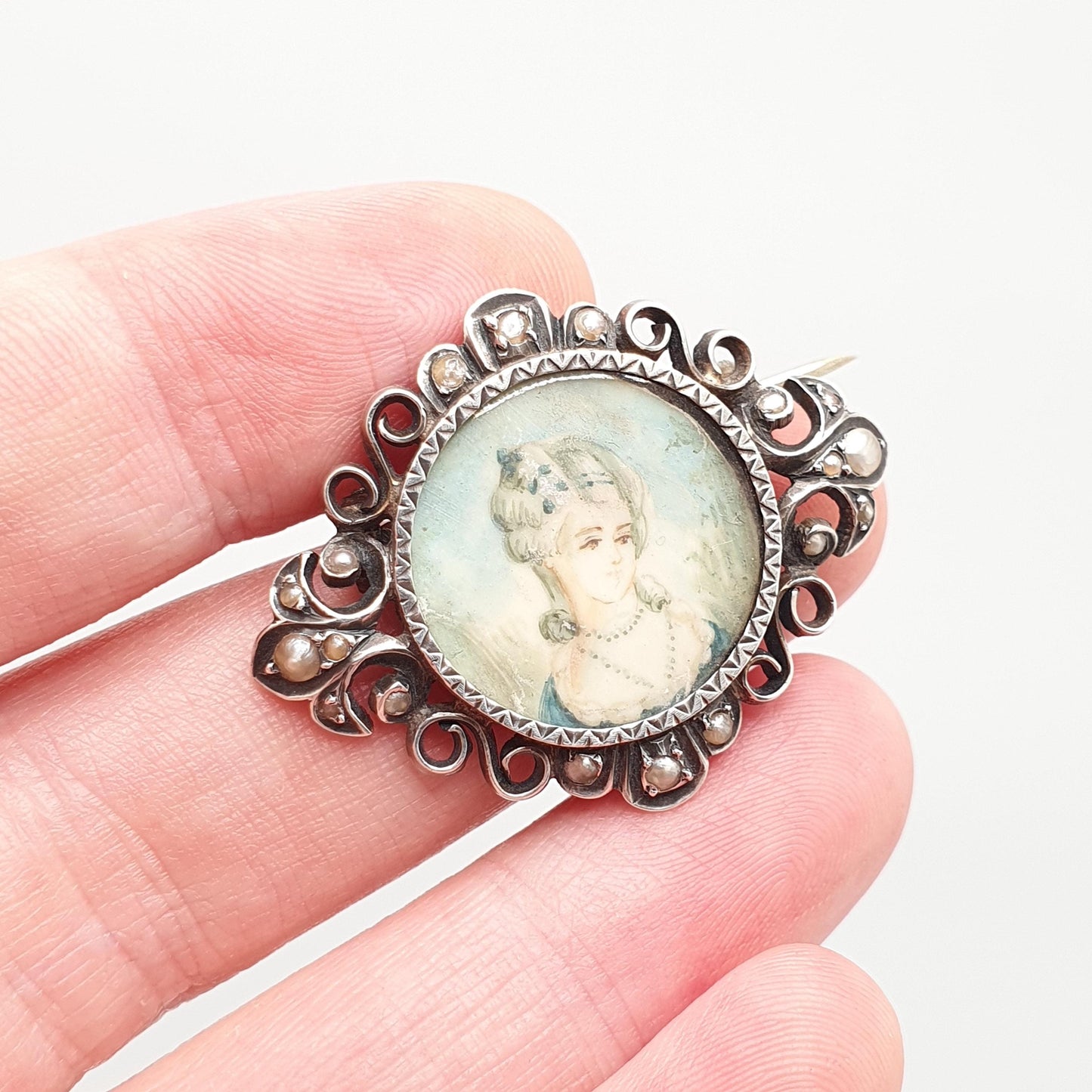 Antique Georgian Solid Silver Miniature Portrait Brooch Seed Pearl Pin Rococo Renaissance Revival Hand Painted Vintage Jewelry Jewellery