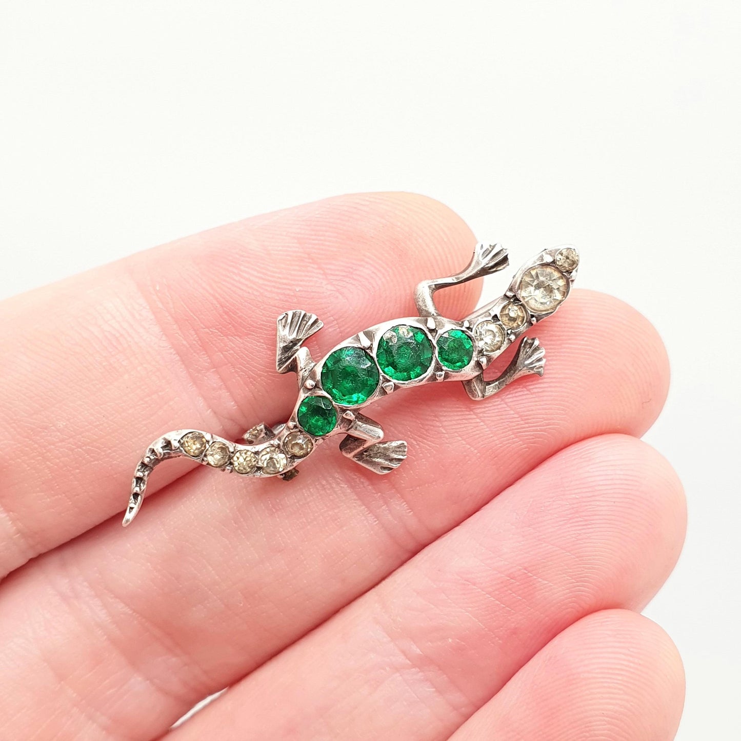 Antique Solid Silver Lizard Brooch Diamond & Emerald Paste Victorian Reptile Pin Animal Gecko Vintage Green Womens Retro Jewelry Jewellery