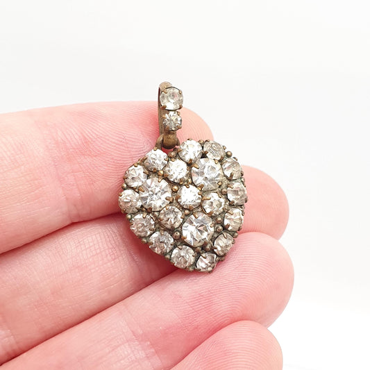 Antique Victorian Diamond Paste Heart Necklace Puffer Pendant Gold Tone Pave Set Love Gift Sparkly Womens Costume Jewelry Vintage Jewellery