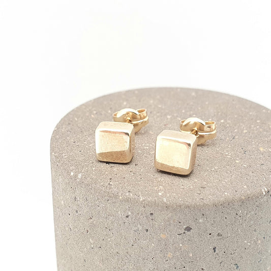 Vintage 9ct Gold Square Earrings Cube Solid 375 9k 9kt Stud Plain Smooth Fine Estate Cute Sweet Retro Gift Ladies Womens Jewelry Jewellery