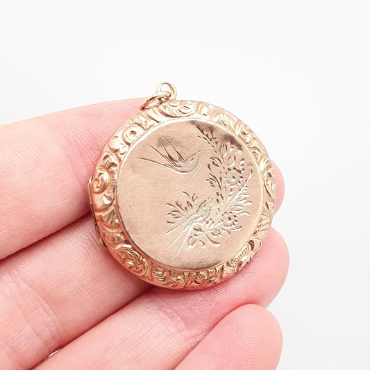 Antique 9ct Rose Gold Bird Locket Solid 9k 375 Large Round Pendant Fine Estate Big Love Gift Back & Front Necklace Jewelry Womens Jewellery