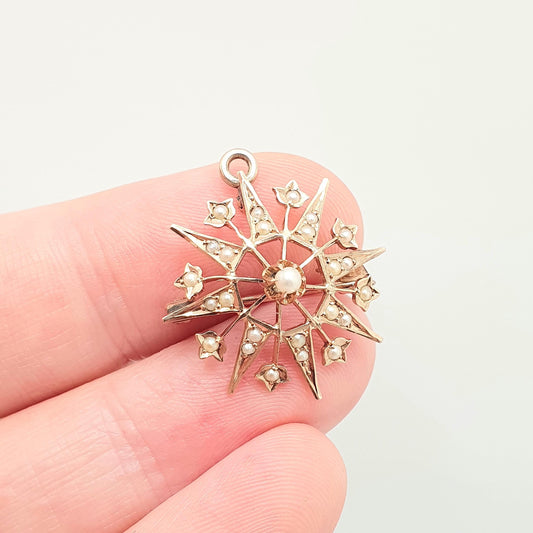 Antique 9ct Gold Star Pendant Seed Pearl Necklace Solid 9k 375 Rose Gold Victorian Brooch Hanging Celestial 1800s Vintage Jewellery Jewelry