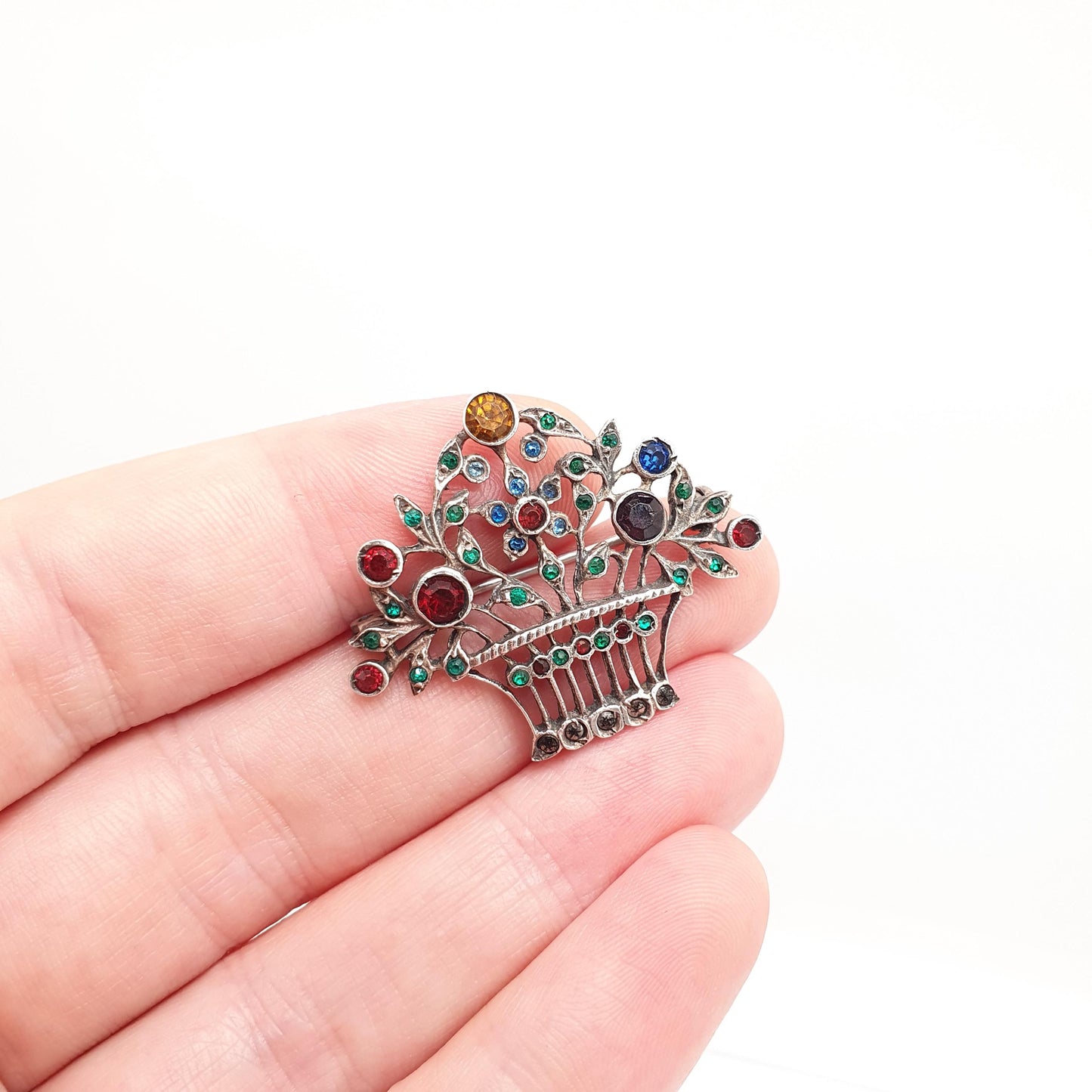 Antique Solid Silver Victorian Giardinetti Brooch Paste Little Garden Flower Basket Large Italian Gift Vintage Womens Jewelry Jewellery