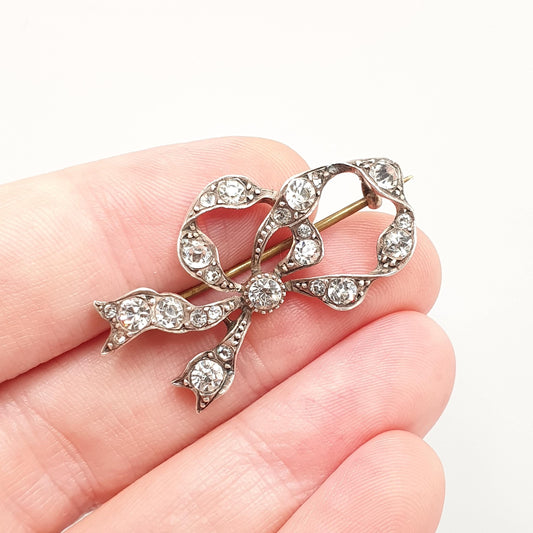 Antique Victorian Paste Solid Silver Bow Brooch PARISIAN DIAMOND COMPANY Ribbon Cute Diamond Pastes 1800s Womens Jewelry Jewellery Vintage