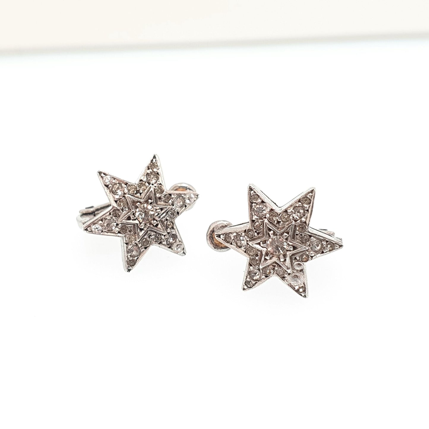 Antique Sterling Silver Diamond Paste Star Earrings Art Deco Clip On 1920s Vintage Sparkly Shooting Stars Six Point SCP Jewelry Jewellery