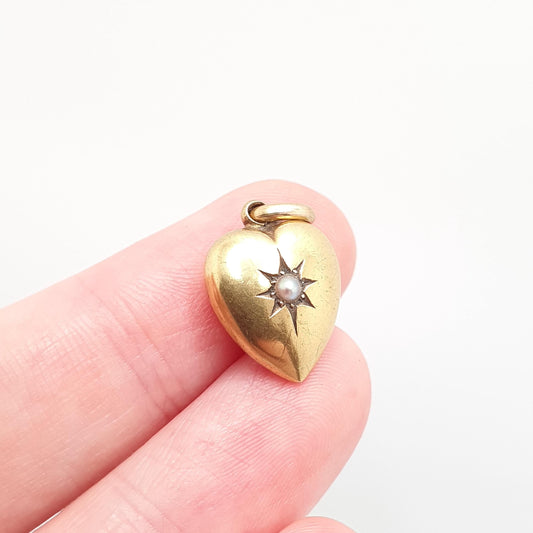 Antique 15ct Gold Puffer Heart Pendant Charm Seed Pearl Necklace 1902 Hallmark Solid 625 15 Carat Fine Vintage Necklace Jewelry Jewellery