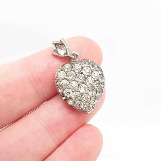Antique Sterling Silver Puffer Heart Pendant Necklace Diamond Paste 1904 Hallmark Love Romantic Gift Sparkly Vintage Jewellery Jewelry