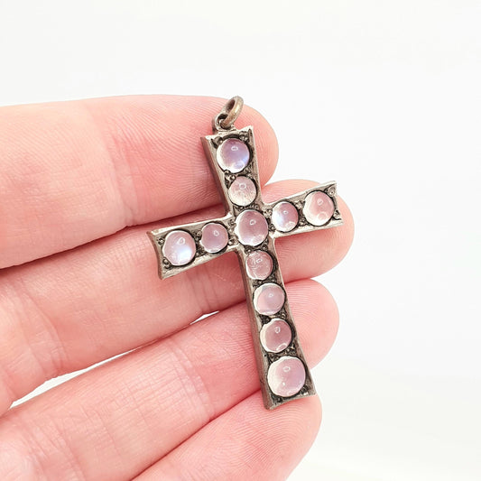 Antique Moonstone Cross Pendant Crucifix Necklace Victorian Silver Tone Rare Fine Christian Catholic Blue Clear Gemstone Jewelry Jewellery