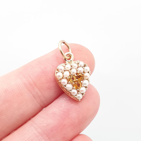 Antique Victorian 9ct Gold Citrine Heart Pendant Seed Pearl Necklace Puffer Charm Solid 9k 375 9kt Vintage 1800s Jewelry Womens Jewellery