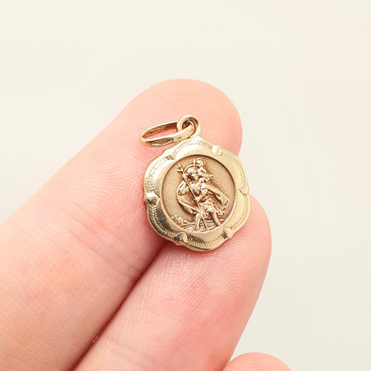 Vintage 9ct 375 Gold St Christopher Charm Pendant UNOAERRE Round Solid 9k 9kt Necklace Cute Saint Christian Jewellery Jewelry Men Women