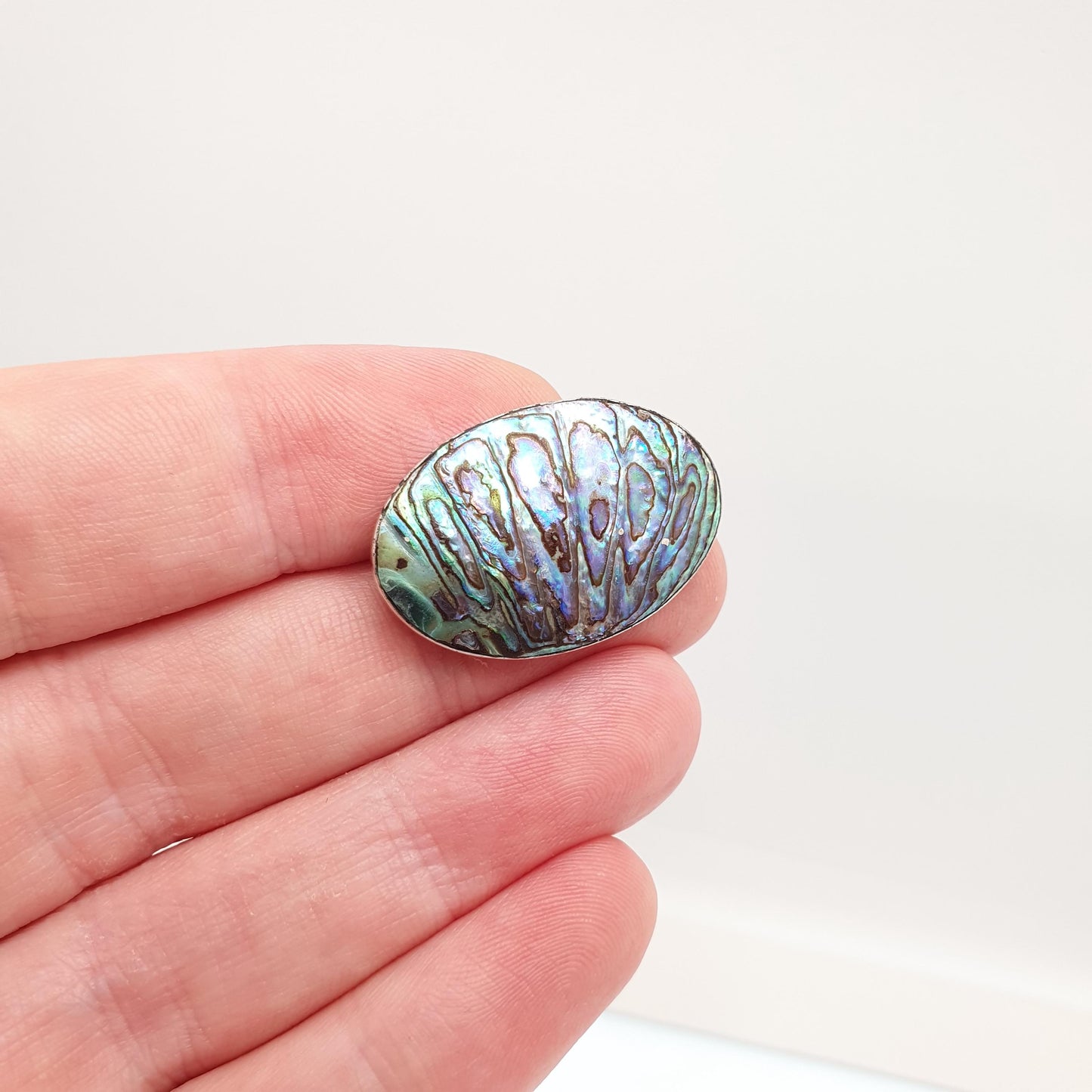 Antique Sterling Silver Abalone Shell Brooch Pin Oyster Clam Shape Solid 925 Iridescent Rainbow Unisex Mens Womens Jewellery Jewelry