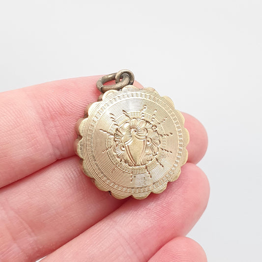 Antique Rolled Gold Locket Necklace Pendant Gold Filled Front & Back Pattern Engraved Circle Vintage Frilled Womens Ladies Jewellery Jewelry