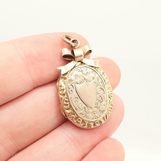 Antique 9ct 9k Rose Gold Bow Locket Pendant Large Big Oval Solid 375 Shield Engraved Fine Estate Back & Front Necklace Jewelry Jewellery