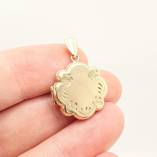 Vintage 9ct 9k Gold Locket Solid 375 All 9kt Frilled Flower Round Circle Necklace Photo Gift Yellow Pendant Womens Jewellery Jewelry