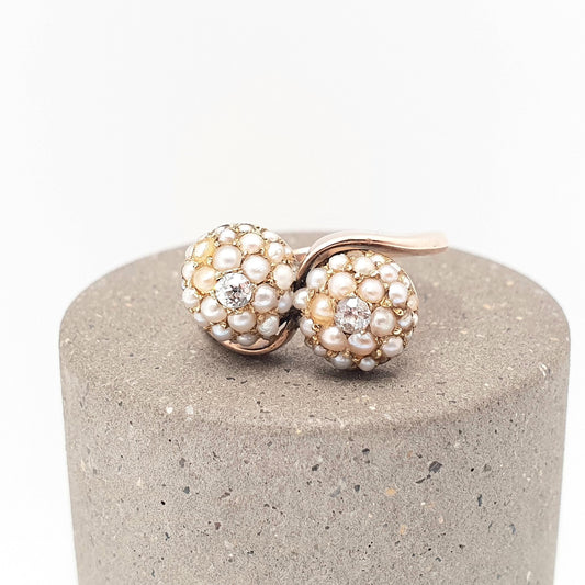 Antique 15ct Gold Diamond & Pearl Ring Victorian Solid 625 15k Rose Crossover Genuine Dome Double Gemstone Womens Jewelry Jewellery
