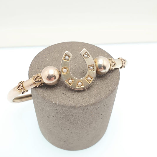Antique 9ct 9k Gold Horseshoe Bracelet Bangle Seed Pearl Edwardian Lucky Good Luck Solid 375 Rose Yellow Vintage Jewelry Jewellery Womens