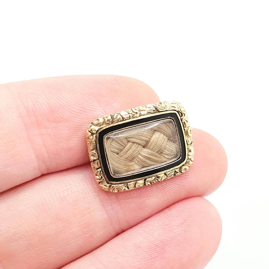 Antique Georgian 15ct Gold Mourning Brooch "Though lost to sight, to memory dear" Poem Locket Black Enamel Hair Solid 15 Jewelry Jewellery