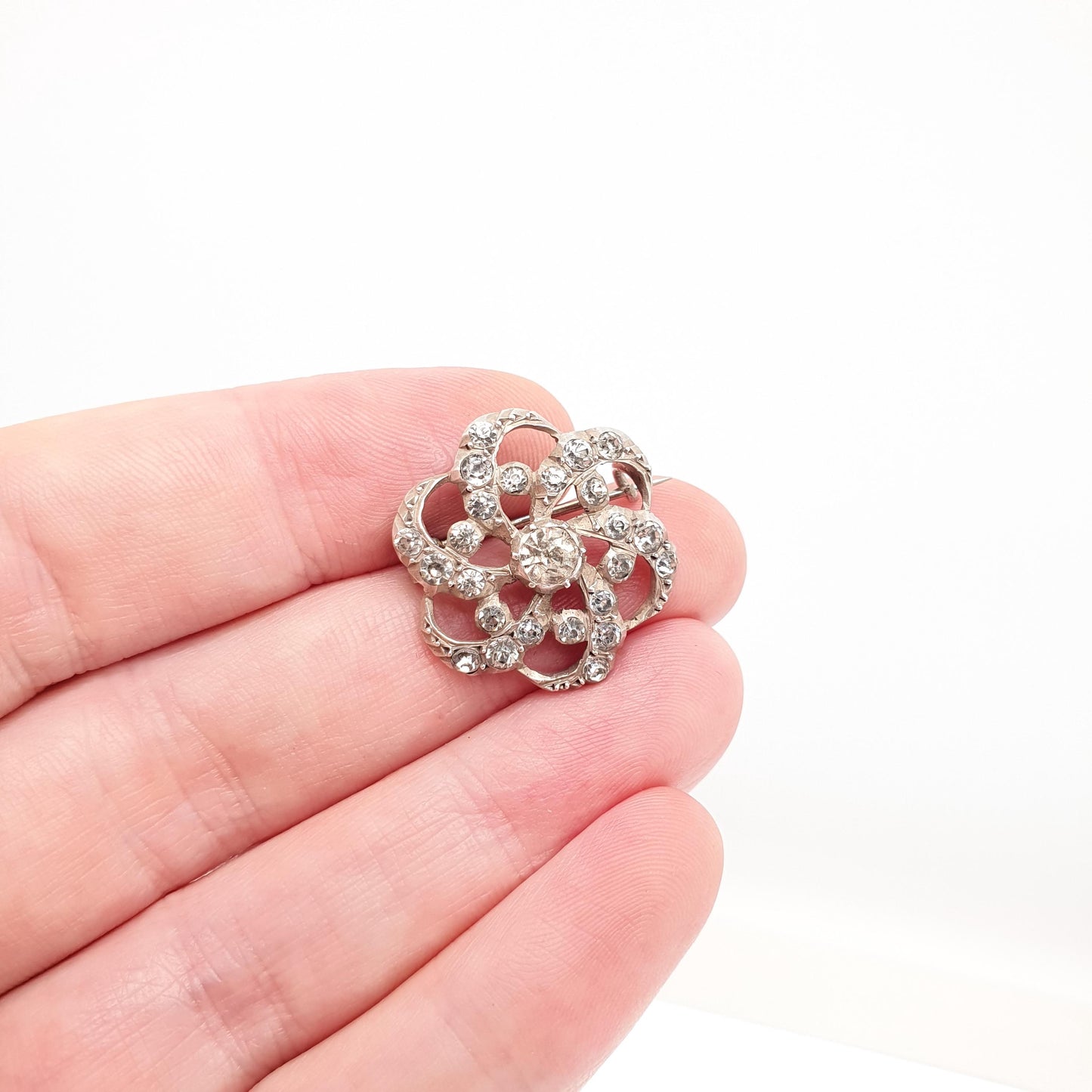 Antique Victorian Diamond Paste Solid Silver Brooch Spiral Swirl Old Cut Ornate Late 1800s Sparkly Foiled Glass Cute Jewelry Jewellery