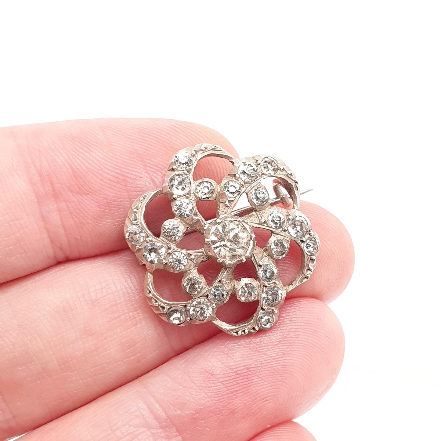 Antique Victorian Diamond Paste Solid Silver Brooch Spiral Swirl Old Cut Ornate Late 1800s Sparkly Foiled Glass Cute Jewelry Jewellery