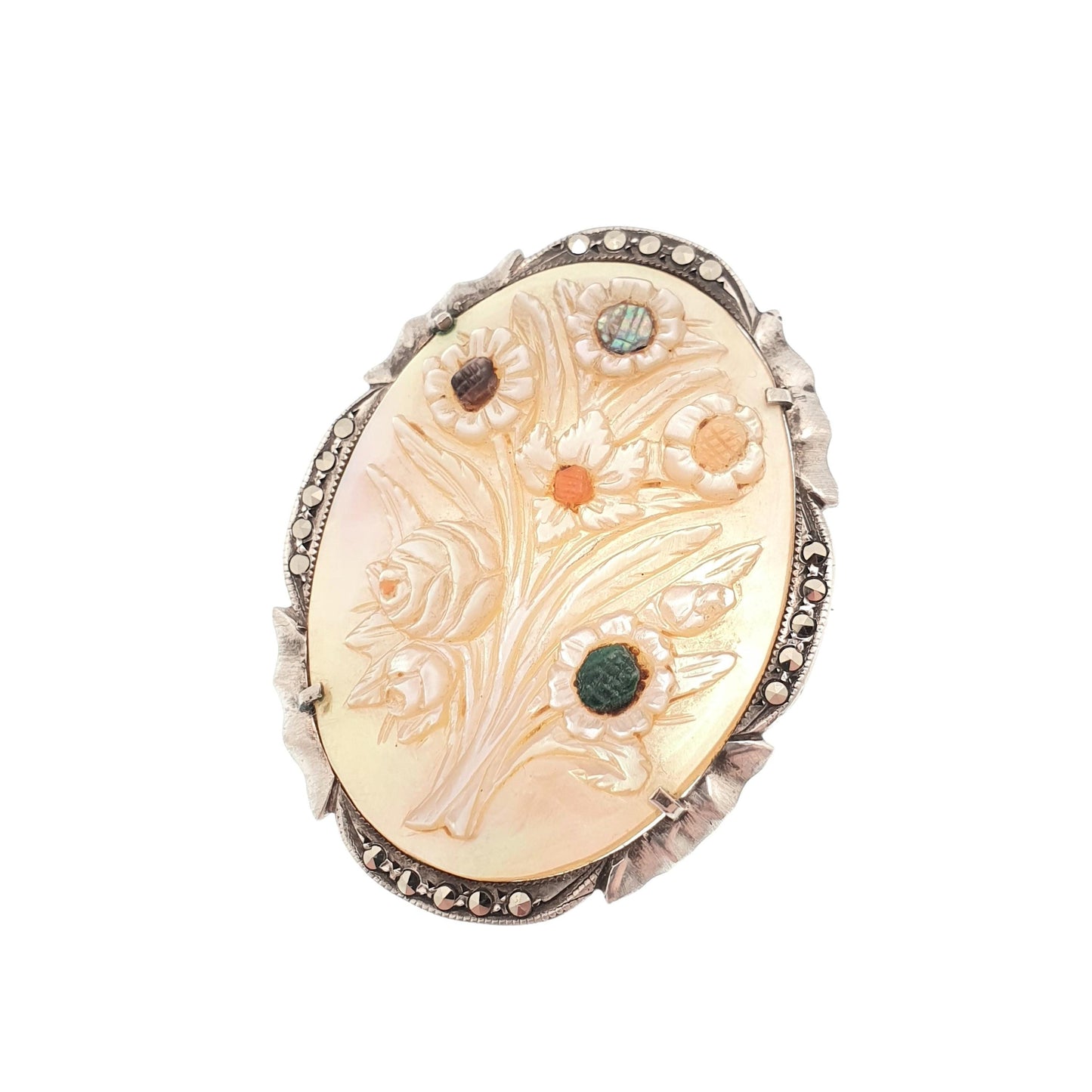 Antique Solid Silver Cameo Brooch Mother of Pearl Multi Coloured Shell Art Deco Marcasite Flower Large Rare White Womens Jewelry Jewellery