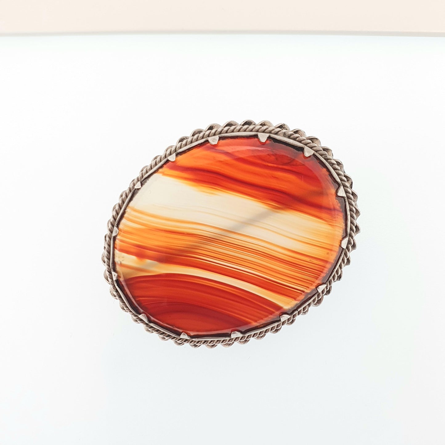 Victorian Antique Agate Brooch Solid Silver Orange Quartz Striped Lace Banded Chalcedony Large Big Oval Rope Jewelry Jewellery Vintage