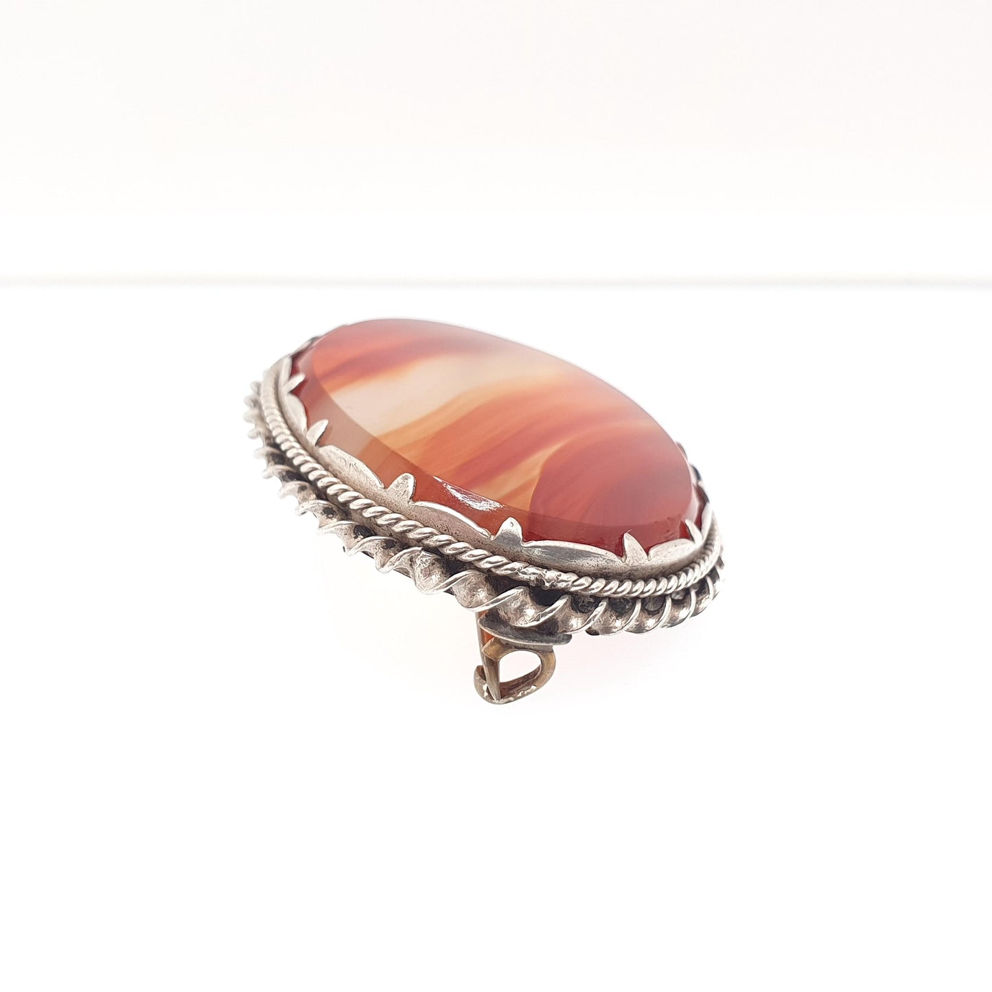 Victorian Antique Agate Brooch Solid Silver Orange Quartz Striped Lace Banded Chalcedony Large Big Oval Rope Jewelry Jewellery Vintage