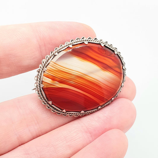 Victorian Antique Agate Brooch Solid Silver Orange Quartz Striped Lace Banded Chalcedony Large Big Oval Rope Jewelry Jewellery Vintage