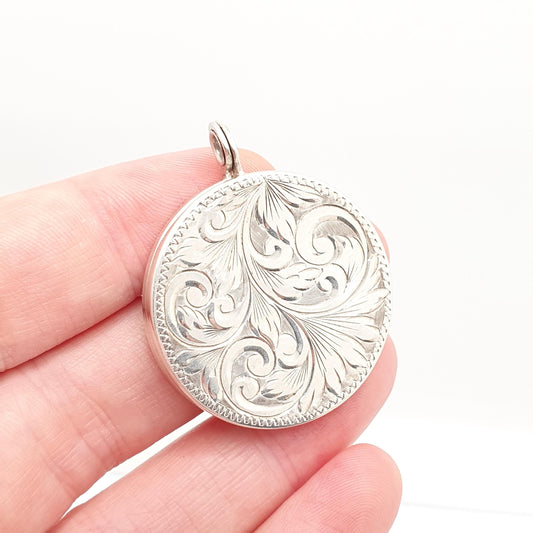 Vintage Sterling Silver Locket Large Pendant Round Engraved Necklace 1973 Hallmark Photo Picture Big Jewelry Womens Retro Jewellery Ladies