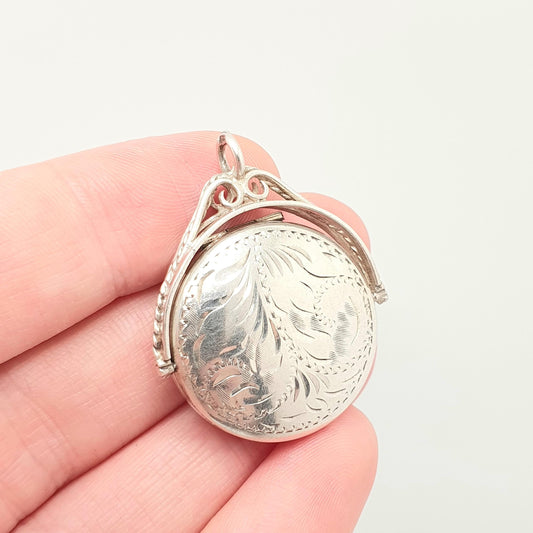 Vintage Sterling Silver Spinner Locket Pendant Fob Necklace Spinning 1970s Solid 9ct 9 Carat Engraved Photo Picture Retro Womens Jewelry