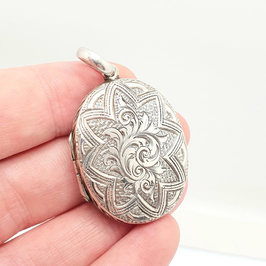 Antique Victorian Solid Silver Locket Star Buckle Hand Engraved Oval Pendant Necklace Sweet Gift Large Big Womens Jewelry Vintage Jewellery