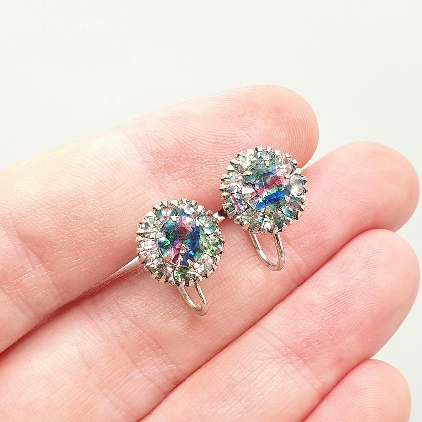 Antique Solid Silver Iris Rainbow Glass Earrings Cluster Screw Back Tutti Frutti Sparkly Foiled Fine Vintage Womens Jewelry Jewellery