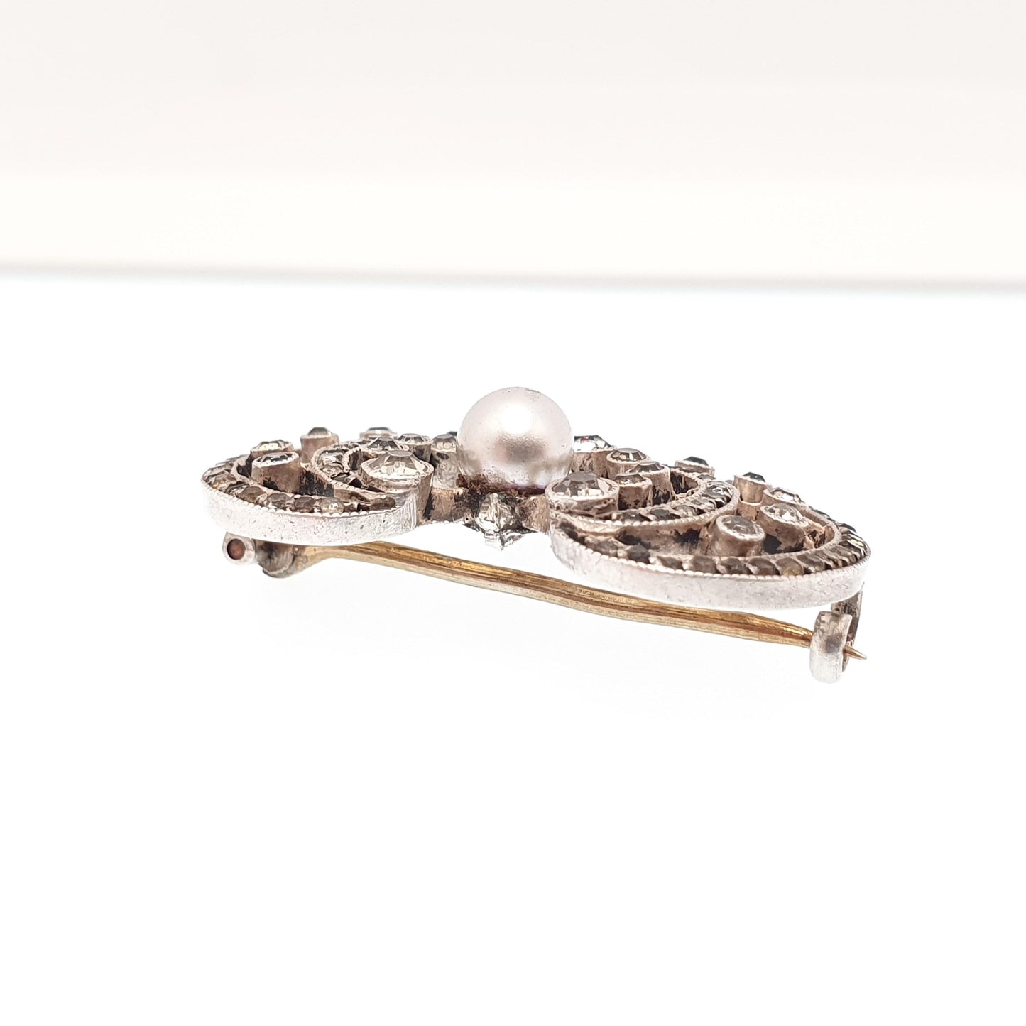 Antique Solid Silver Diamond Paste Brooch Cultured Pearl Genuine Edwardian Art Nouveau 1900s Sparkly Foiled Glass Womens Jewellery Jewelry